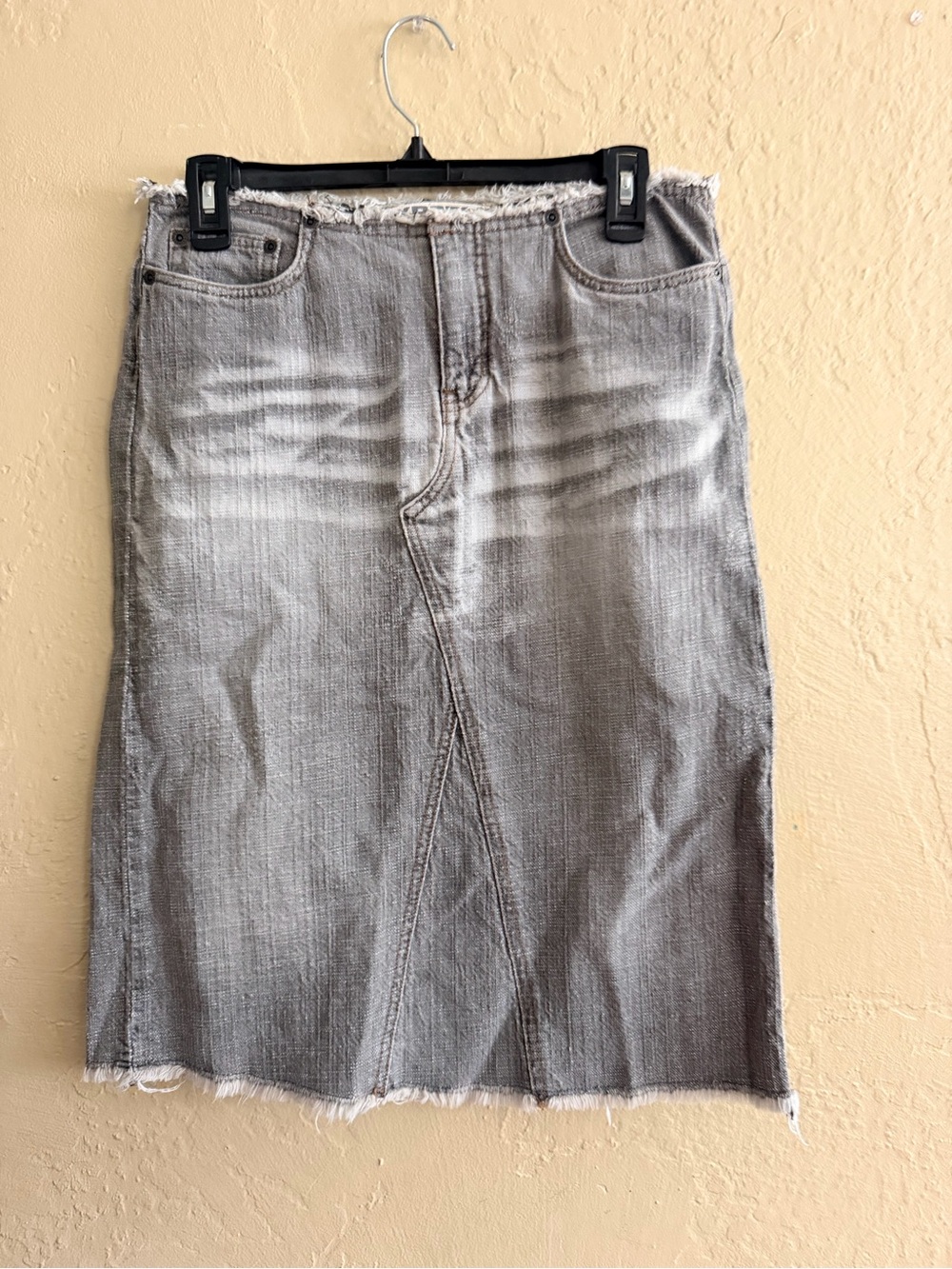 Express Gray Washed Denim Midi Skirt with Frayed Hem waist 15 1/2", length 24"